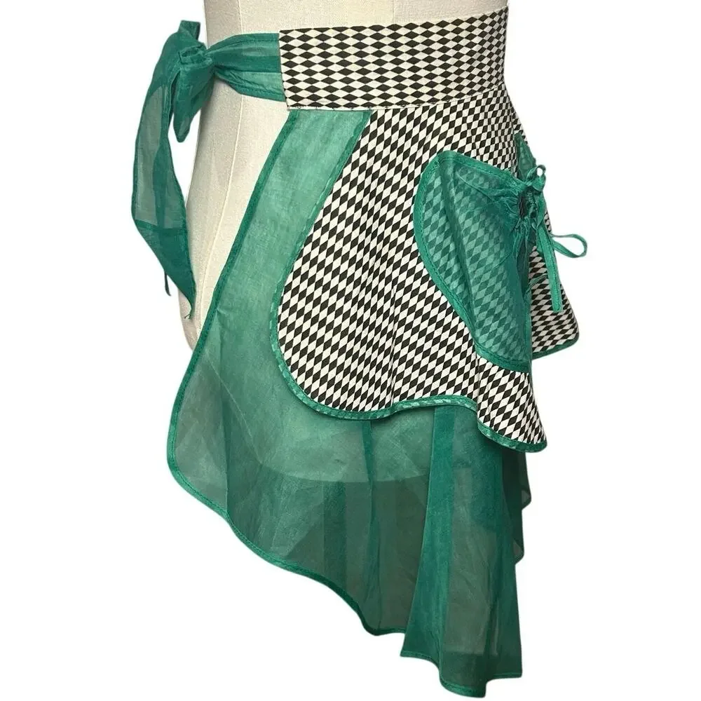 VTG 1950s Harlequin Organza Hostess Apron Green Sheer Ruffle Miu Miu Style OS